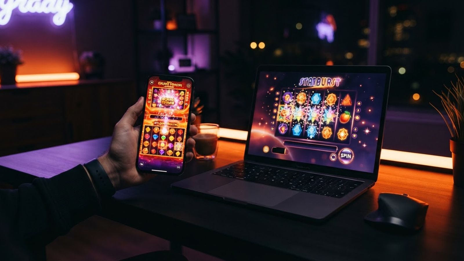 Smartphone et ordinateur affichant des machines à sous
