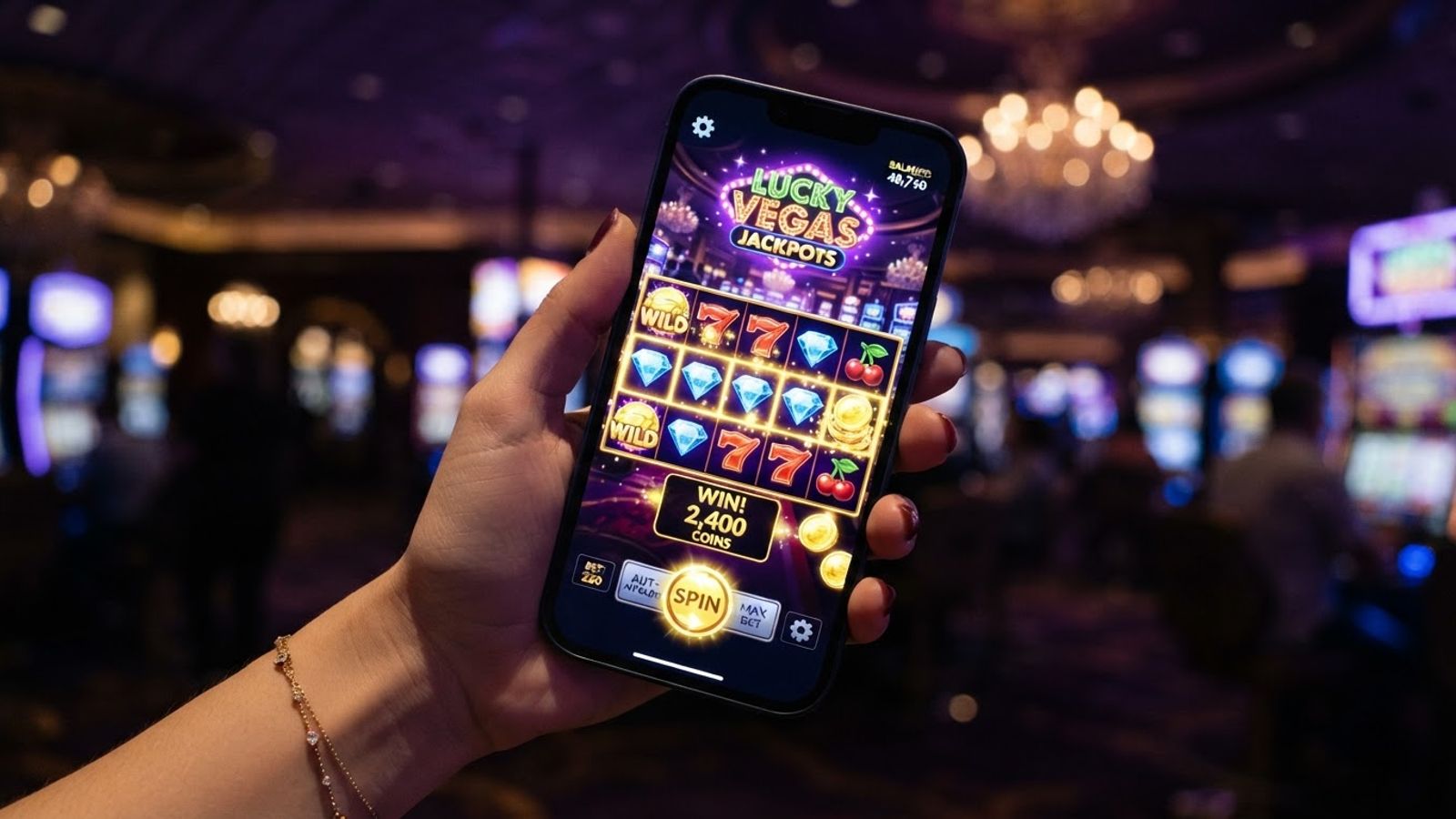 Smartphone affichant une application de machines à sous