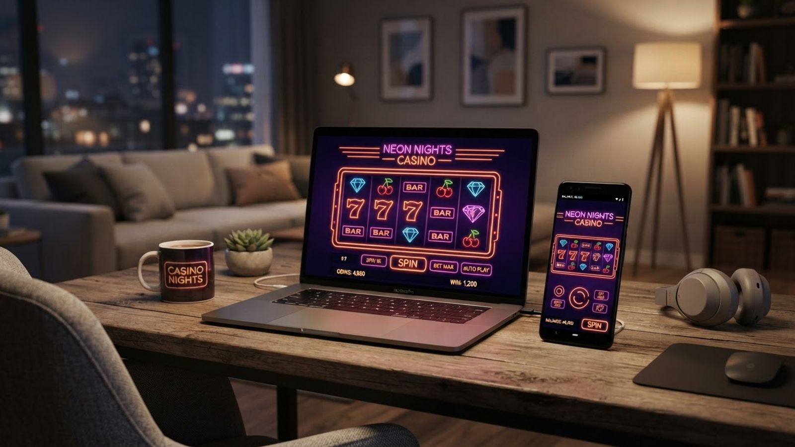 Casino social sur ordinateur et smartphone dans un salon